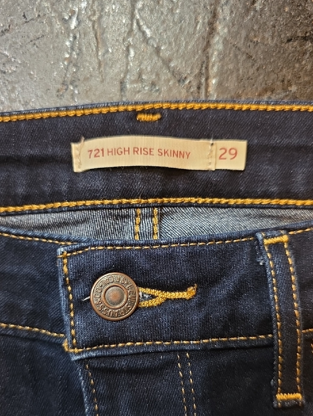 Levi's 721 High Rise Skinny Dark Blue Jeans with Gold Stitching